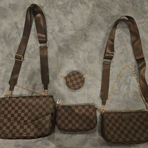 Brown Checkered Crossbody Bag Set - Women